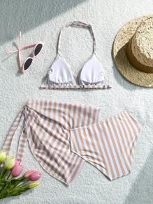 Conjunto de traje de baño de niña preadolescente con estampado de rayas y escote de halter