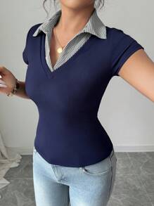 SHEIN Raffinéa 女士休闲通勤优雅商务休闲度假舒适成熟优雅性感V领条纹拼接2合1蓝色罗纹面料高弹修身短袖T恤，春夏 - 寶藍色 - 查看 5