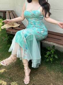 Dazy Plus 大码印花撞色网纱拼接侧开衩无袖度假风连衣裙/舞会礼服 - 藍色 - 查看 3