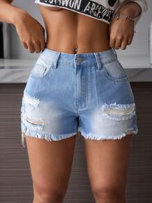 SHEIN PETITE Short de mezclilla desgastado y descolorido para mujeres