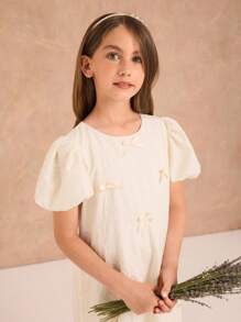 Ontre Tween Girls Loose Casual Puff Sleeve Butterfly Decor Dress - Apricot - View 5
