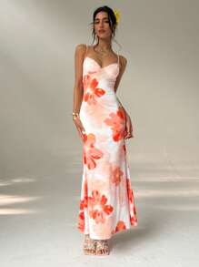 Aloruh 女式春夏度假花卉印花吊带交叉紧身迷你连衣裙 - 橘色 - 查看 5