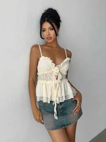 Aloruh 女士夏季纯色荷叶边吊带背心 - 杏色 - 查看 3