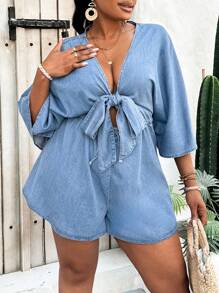 SHEIN Lady Bộ đồ liền thân denim cỡ lớn cho nữ, bộ đồ liền thân bó sát tay 3/4 mặc đi nghỉ thông thường, màu xanh lam - Rửa nhẹ - Xem 5