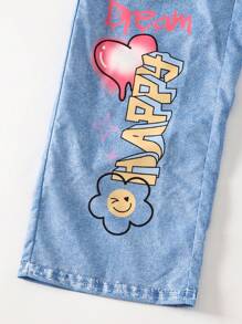 SHEIN Pantalon droit décontracté non en denim avec graphique de lettre tissé pour préadolescentes