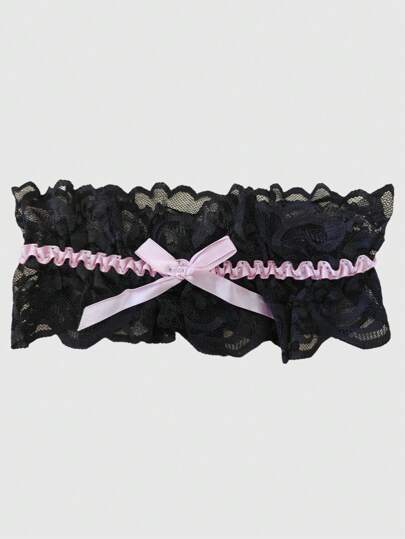 Kawaii 1pc Sexy Pink Bow Garter Belt, Sweet Black Lace Elastic Leg Garter, Fashion Versatile Leg Decor