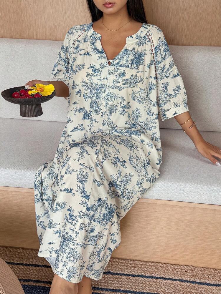 Women's Landscape Print Patchwork Raglan Sleeve Puff Sleeve Nightgown,Back To School Clothes Pajama, Moo Moo