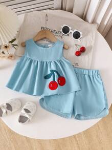 Baby Mädchen Sommer Casual Niedlich Kirsche Besticktes Tanktop In Denim-Optik Und Shorts In Denim-Optik Set