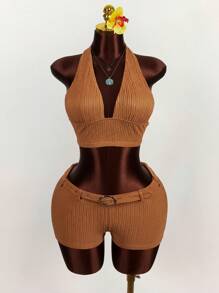 Amplova Set de 2 piezas con top corto con escote en V profundo y espalda de atar y pantalones cortos de cintura baja con textura - Naranja - Ver 1