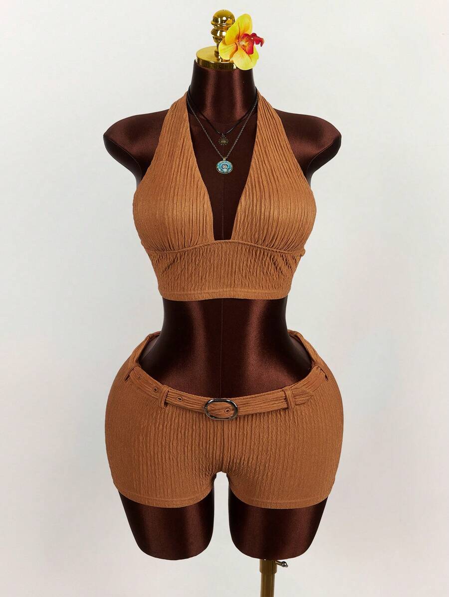Amplova Set de 2 piezas con top corto con escote en V profundo y espalda de atar y pantalones cortos de cintura baja con textura - Naranja - Ver 1