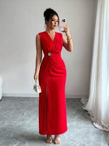 Rafferiza 女士宴会礼服，开衩褶皱设计，修身剪裁 - 紅色 - 查看 3