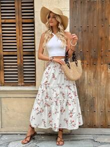 Breezaya 女士优雅休闲花卉印花拼接荷叶边下摆A字裙 - 白色 - 查看 3