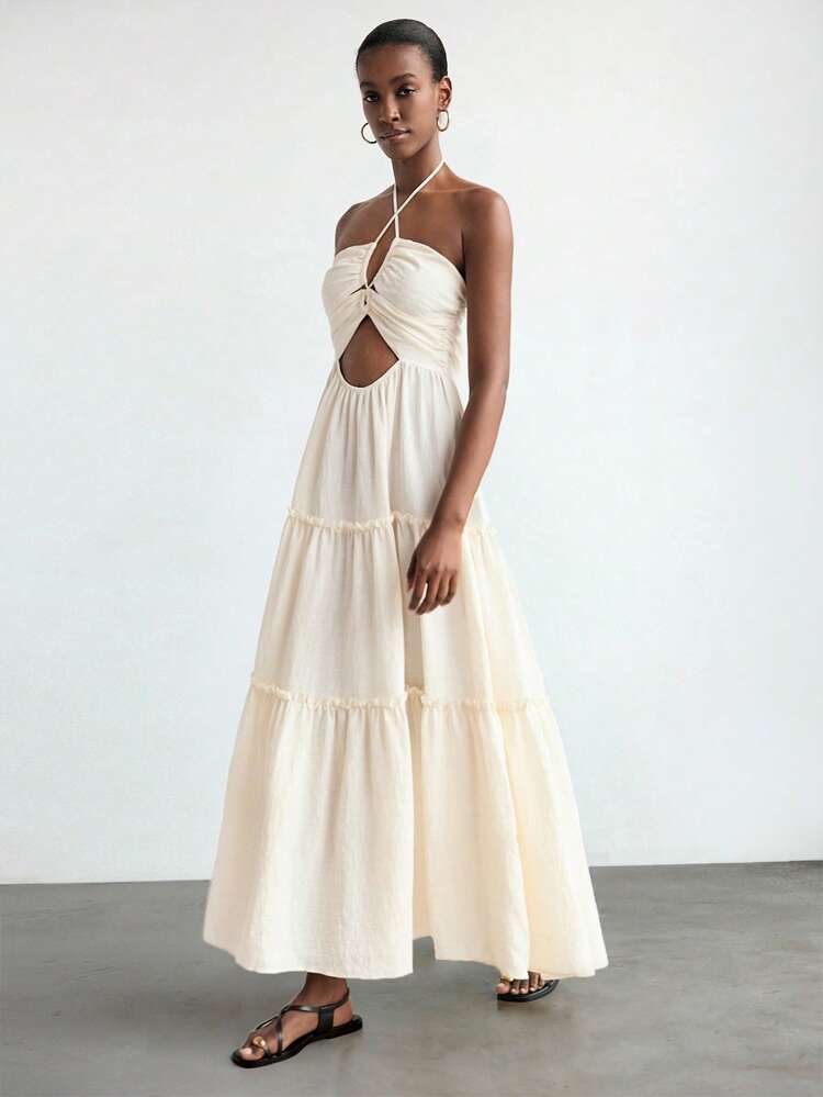 SHEIN Maija Women's Apricot Hollow Out Backless Halter Summer Dress With Ruffled Hem, Sexy Casual Loose Beach Dress For Vacation