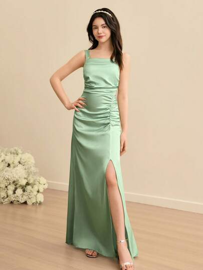 SHEIN Vestido ajustado de satén de alto nivel con cuello cuadrado, drapeado y abertura lateral, elegante para fiesta de graduación, cumpleaños, boda