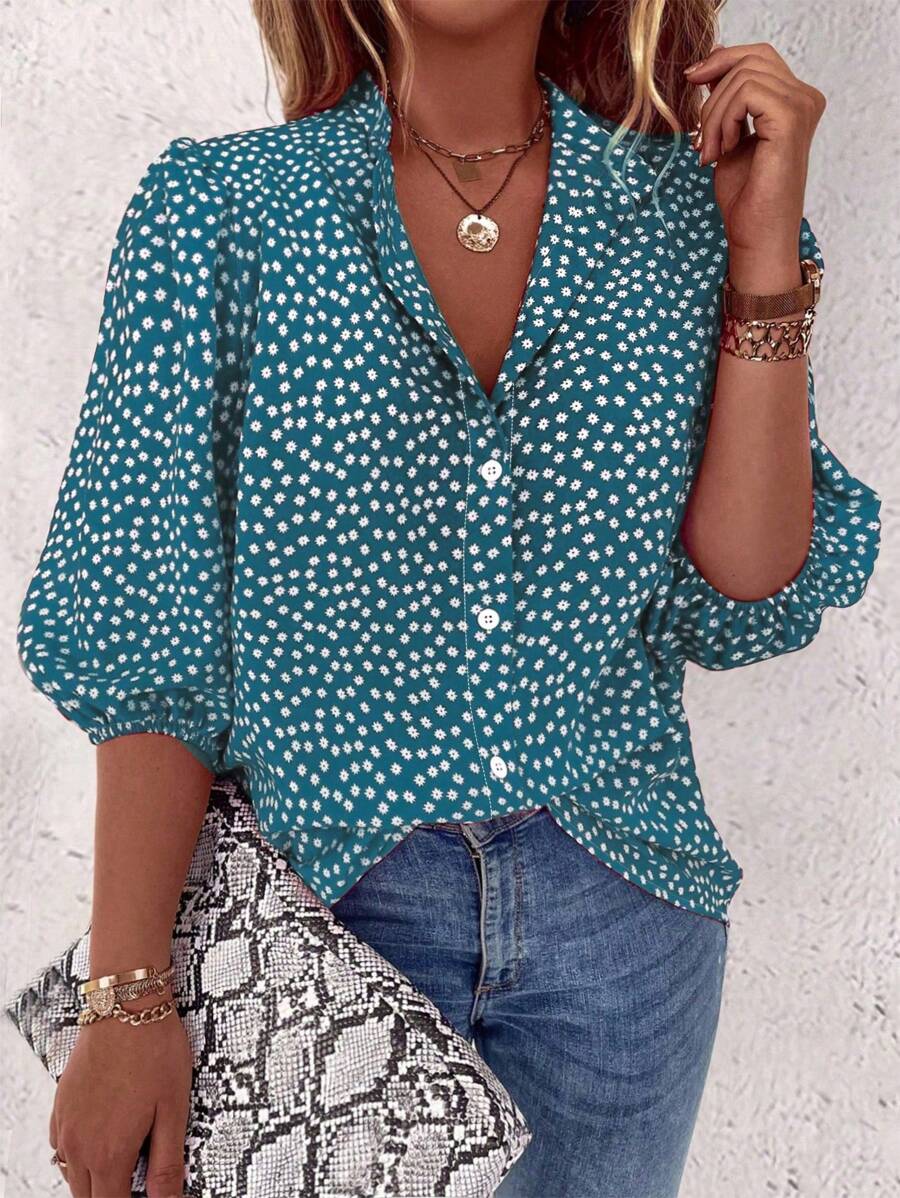 EMERY ROSE Floral Single Button Casual Daily Mid-Sleeve Shirt For New Year Clothes - Teal Blue - View 1