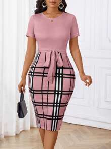 SHEIN Lady 黑色衬衫领印花女装拉链设计修身女装 - 藕粉色 - 查看 6