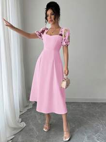 Elenzga Vestido de mujer con cuello cuadrado, mangas abullonadas, bordado y cintura plisada