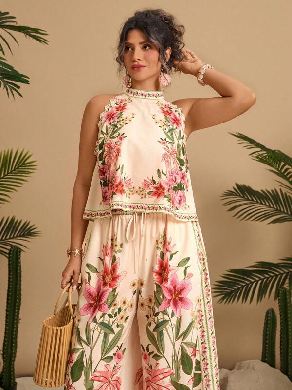 Travachic Set 2 buc/set Plus Size cu model floral, vară, guler înalt, fără mâneci, bluză și pantaloni cu dantelă, set de vară
