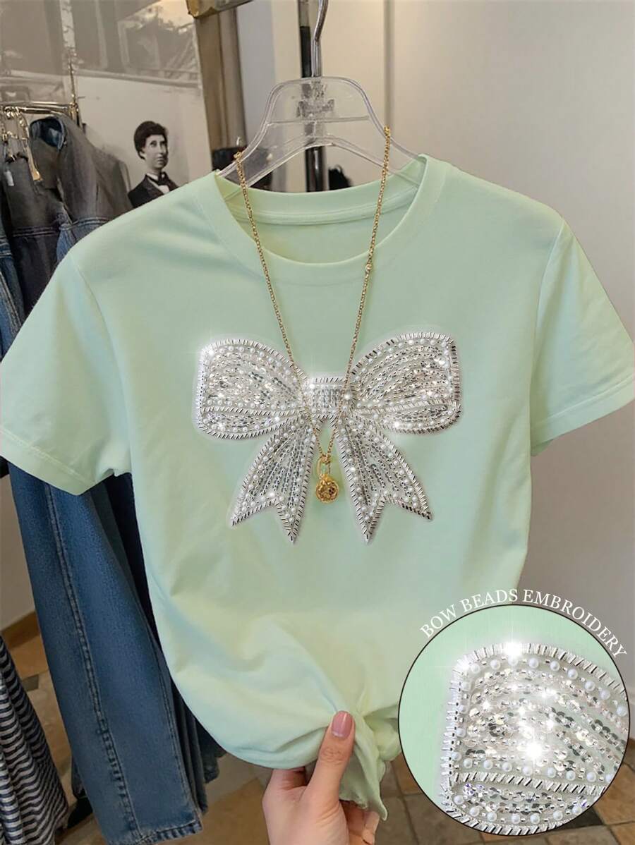 SHEIN Women's Regular Fit Short Sleeve Round Neck T-Shirt With Exquisite Bow, Pearls, And Embroidery Detail - Mint Green - View 1