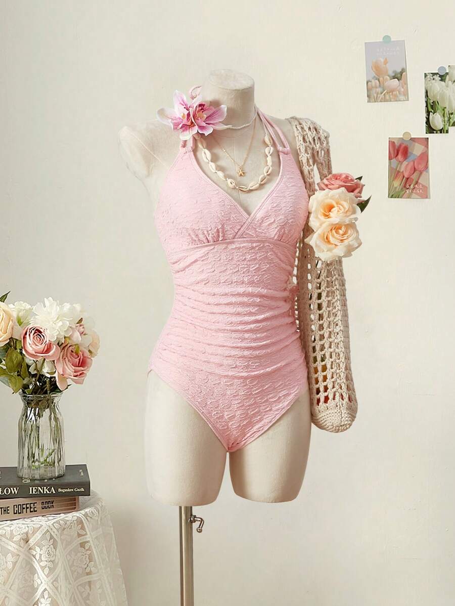 SHEIN MOD Traje de baño de una sola pieza con cuello de halter, cintura con cordón ajustable, tejido jacquard acanalado, color rosa, ideal para playa, vacaciones y spa - Rosa - Ver 1