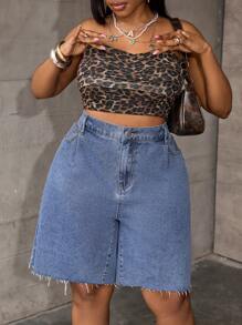 SHEIN EZwear Plus Size Blue Distressed Denim Casual Slim Fit Shorts,Spring For Women / Spring,Summer For Women / Summer / Summer / Cute,Easter / Easter / Easter Women,Concert Women / Rave / Rave Festival / Country Concert / Nashville - Blue - View 5