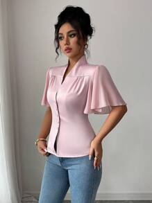 Selianne Elegant Vacation Romantic Commute Oversized Ruffled Sleeve Chiffon Flowy Sleeve Satin Blouse For Women - Pink - View 6