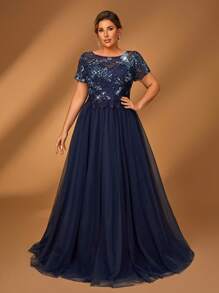 Serin Elegantes, romantisches und glamouröses Swing-Kleid in Große Größen mit Pailletten-Stickerei und Mesh-Einsätzen, geeignet für Hochzeitsveranstaltungen, Junggesellinnenabschiede, Dates, Urlaub, Tanzfestivals, Braut und Mutter, Abendkleid