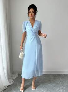 Gloray Einfarbiges Chiffon-Modegewand mit geraffter Taille, elegantes plissiertes Kleid