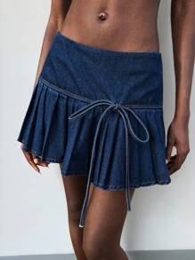 Maija 女士蓝色牛仔裙蝴蝶结百褶裙经典学院风迷你裙 - 中等水洗藍 - 查看 1