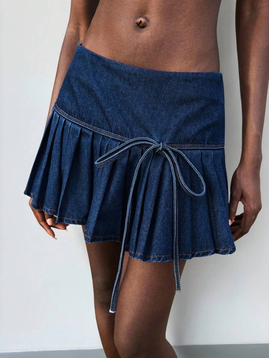 Maija 女士蓝色牛仔裙蝴蝶结百褶裙经典学院风迷你裙 - 中等水洗藍 - 查看 1