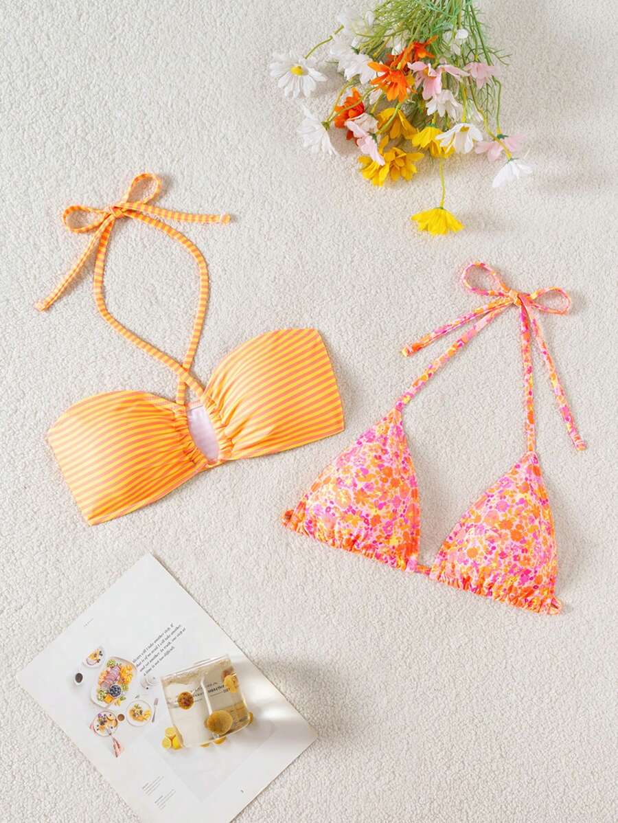 Swim Mod 2pcs/Set Women Random Floral Print Halter Backless Triangle Top And Adjustable Tie Bandeau Top Beach Wear Sets For Summer Beach Vacation - Multicolor - View 1