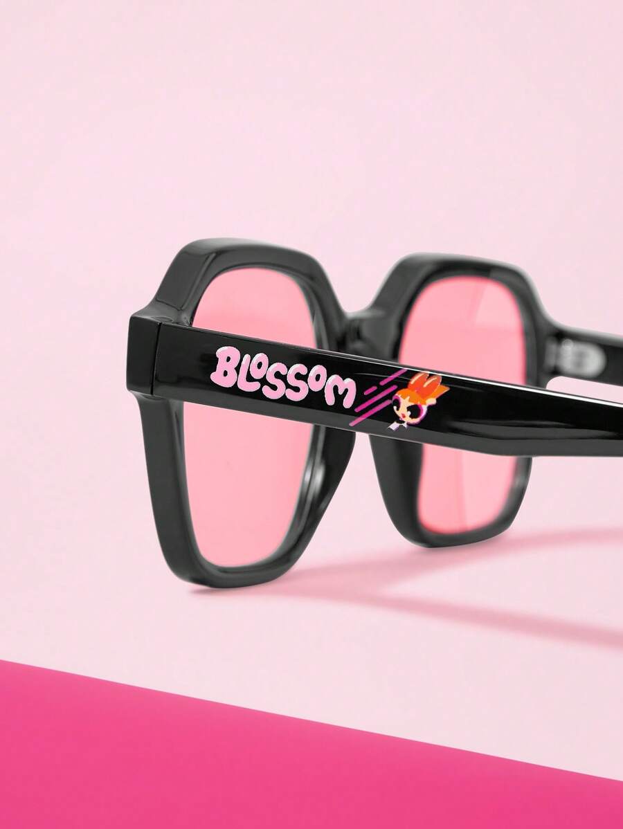 THE POWERPUFF GIRLS X SHEIN Minimalist Cartoon Letter Print Frame Fashionable Fashion Glasses - Black - View 1