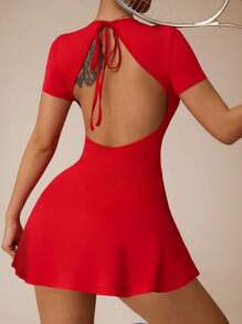 Slayform 女式纯色露背运动休闲网球裙 - 紅色 - 查看 5