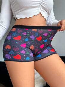 Comfy Soft Dailywear Y2K Music Festival Party Heart Print Plus Size Boyshort Briefs, Black - Black - View 3