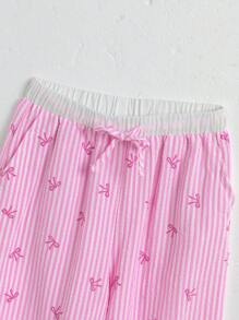 SHEIN 女童条纹蝴蝶结印花扭纹前裤 - 粉色 - 查看 6