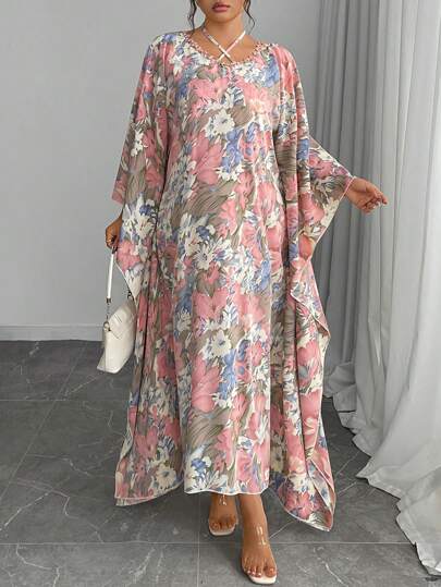 Al Najma 大码女式花卉印花交叉领口蝙蝠袖宽松长款束腰连衣裙，端庄的长袍