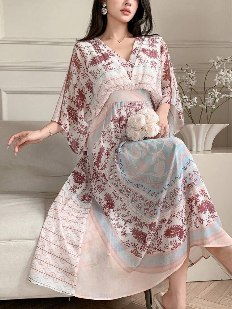 Women's Boho Style Vacation Dress With Floral Print, V-Neck Short Sleeve Long Maxi Dress, Summer