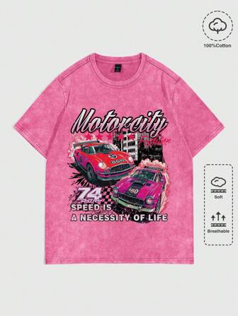 Street Life Camiseta de manga corta para hombre con gráfico de letras y coche vintage lavado