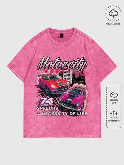 Street Life T-shirt à manches courtes pour hommes avec graphique vintage lavé de lettres et de voiture