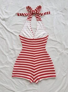 Soleia Women's Vacation Red And White Striped Knitted Texture Deep V Neck Tied Waist Jumpsuit, Slim Fit, Suitable For Party, Valentine's Day, Date, Layering, Christmas, Beach, Carnival, Easter, Boho Vocation;Autumn And Winter;Back To School;Homecoming;Concert;Halloween;Christmas;Teacher;Night Out  Going Out Tops;Cute;Sexy;Graphic - White - View 2