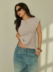 SHEIN PETITE Maglietta casual estiva da donna a maniche corte con collo tondo e righe