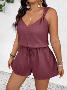 SHEIN Frenchy Plus Size Women's Casual Solid Color Tie Waist Romper, Summer - Dusty Purple - View 3