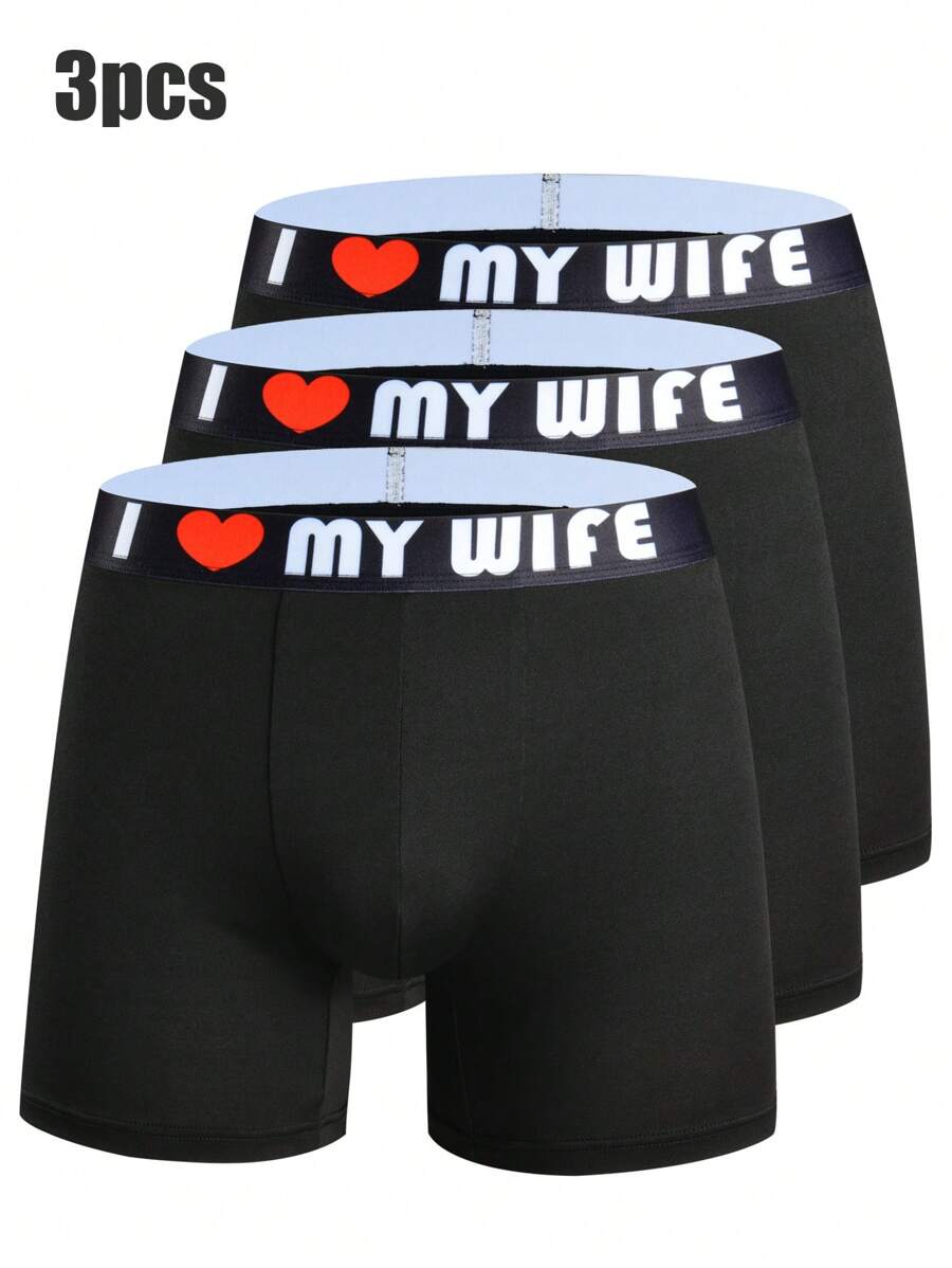 SHEIN Set de 3 calzoncillos tipo bóxer para hombre con bandas elásticas y eslóganes cómodos - Negro - Ver 1
