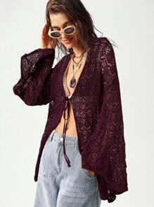 Bohemela Cardigan ampio donna a maniche a sbuffo lavorato a maglia forato tinta unita, ideale per le vacanze