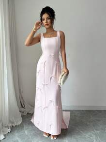 Chiquease Women's Elegant Square Neck Sleeveless Maxi Dress With Bow Decor - Pink - View 6