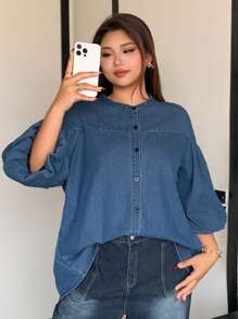 Dazy Plus 大码女式深色水洗牛仔灯笼袖圆领宽松牛仔衬衫上衣、牛仔夹克、秋季女装