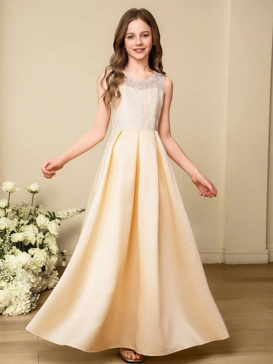 SHEIN Elegant Tween Girls Wedding Party Dress, Lace Collar Lace Vest For Tween Girl, Girls Luxury Satin Puffy Princess Dress, Suitable For All Seasons