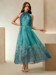 Anewsta New Summer Elegant Ruffle Spaghetti Strap Sleeveless A-Line Dress With Placement Print - Green - View 7