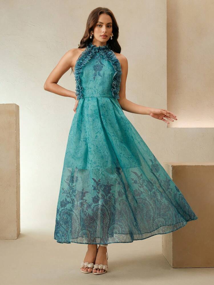 New Summer Elegant Ruffle Spaghetti Strap Sleeveless A-Line Dress With Placement Print