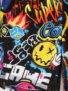 1pc Boys' Summer Graffiti Splash Print Gaming Console Beach Sports Shorts, Street Style